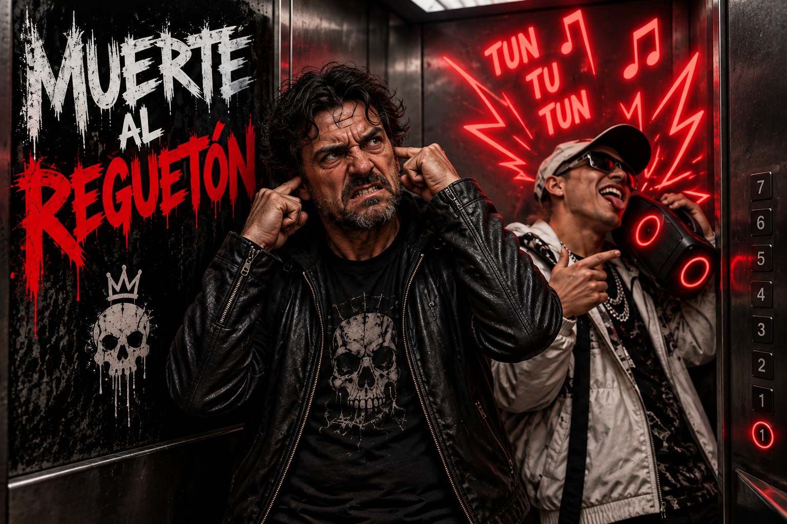 Hombre enfadado en un ascensor soportando música de reguetón, imagen destacada del artículo Muerte al reguetón