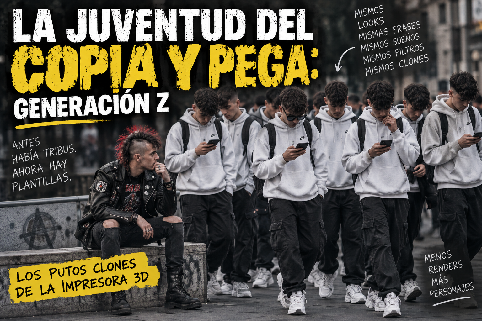 Grupo de jóvenes vestidos de forma casi idéntica mirando el móvil junto a un punk sentado aparte, imagen destacada del artículo La juventud del copia y pega: generación Z