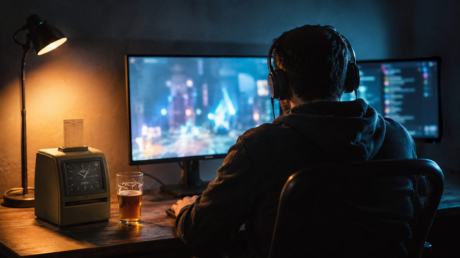 Un creador juega frente a varios monitores junto a una cerveza y un reloj de fichar