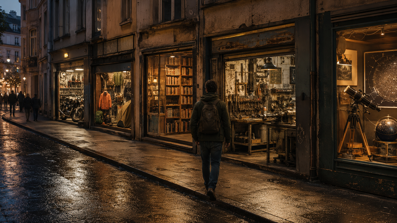 Una persona camina de noche frente a varios escaparates llenos de objetos y curiosidades