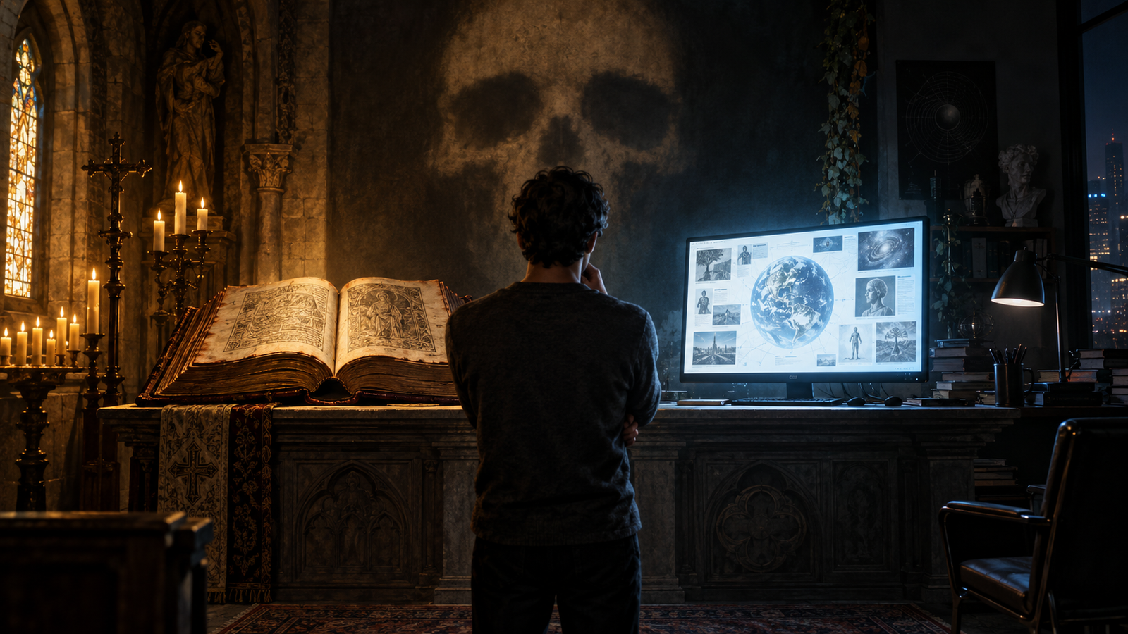 Un hombre entre una antigua Biblia iluminada por velas y una pantalla de ordenador