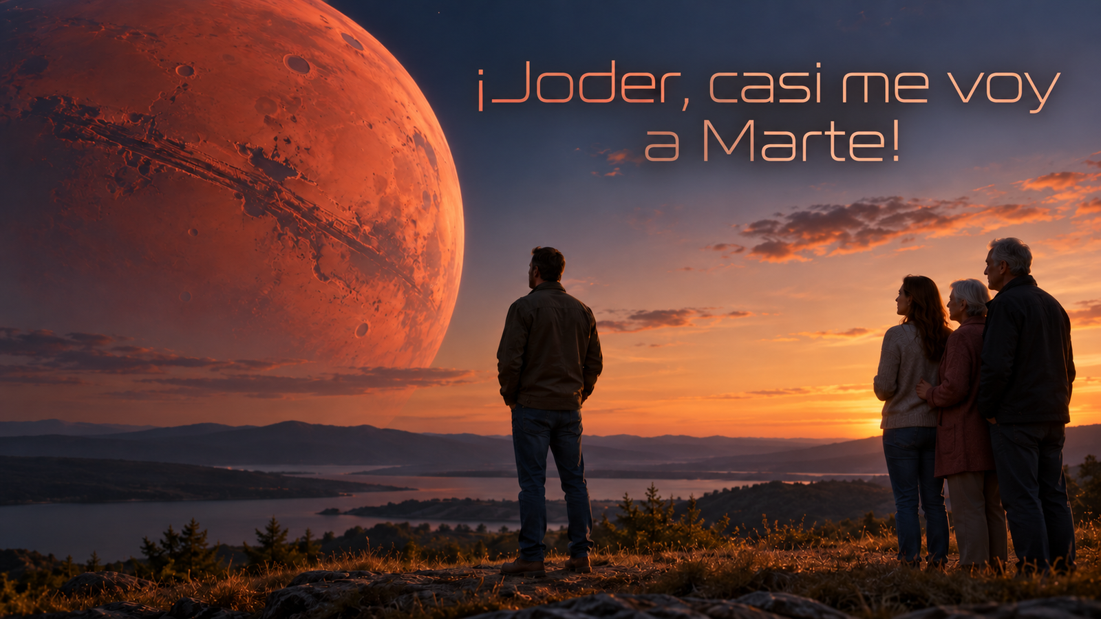 Cuatro personas contemplan Marte al atardecer.