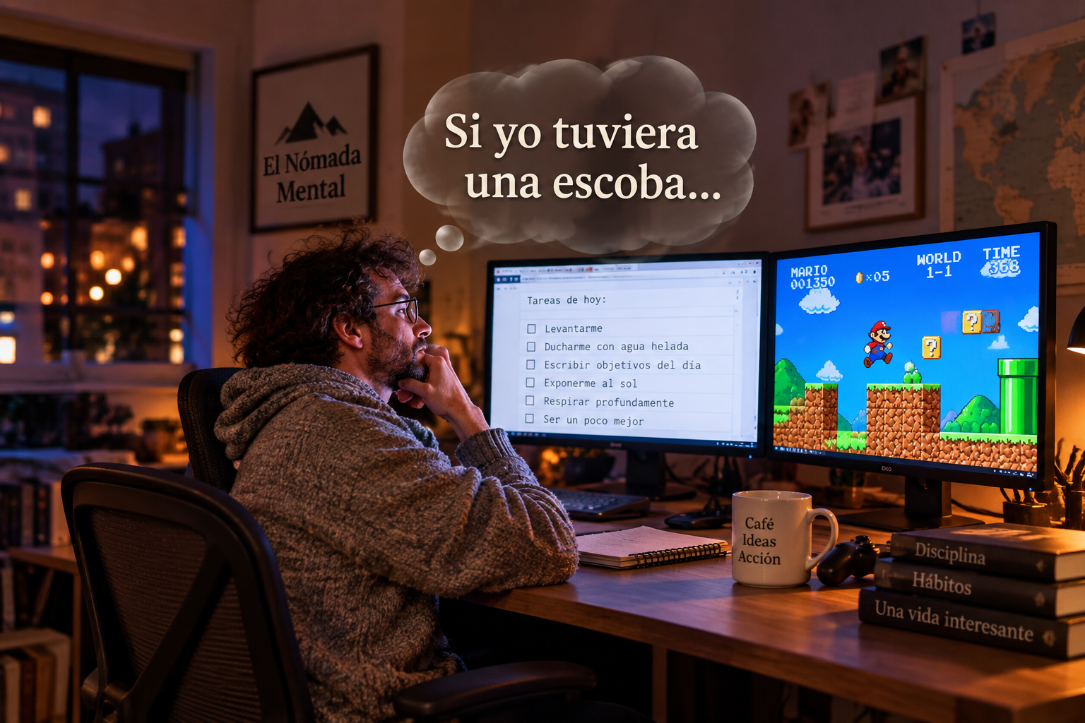Persona descansando en un sofá mientras cuestiona la obsesión por la productividad y los gurús del rendimiento.