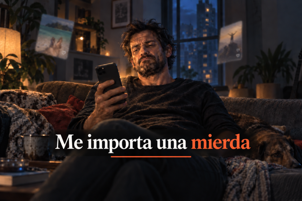Hombre tumbado en el sofá mirando el móvil con expresión de hartazgo, rodeado de contenido superficial en redes sociales