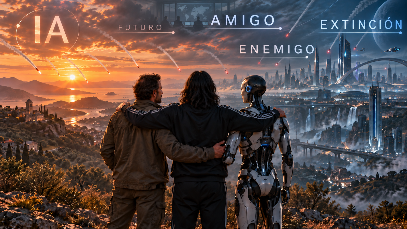 Dos humanos y un robot contemplan un futuro dividido mientras caen misiles sobre el horizonte.