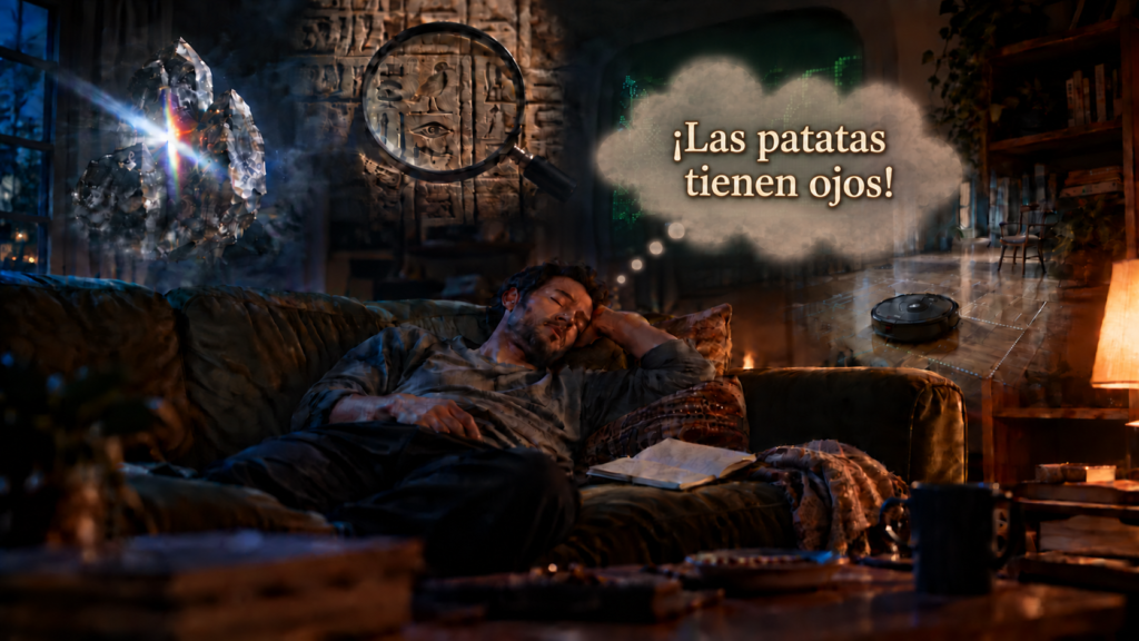 Hombre dormido en un sofá mientras sueña con sus aficiones raras, con un bocadillo translúcido que dice «¡Las patatas tienen ojos!»
