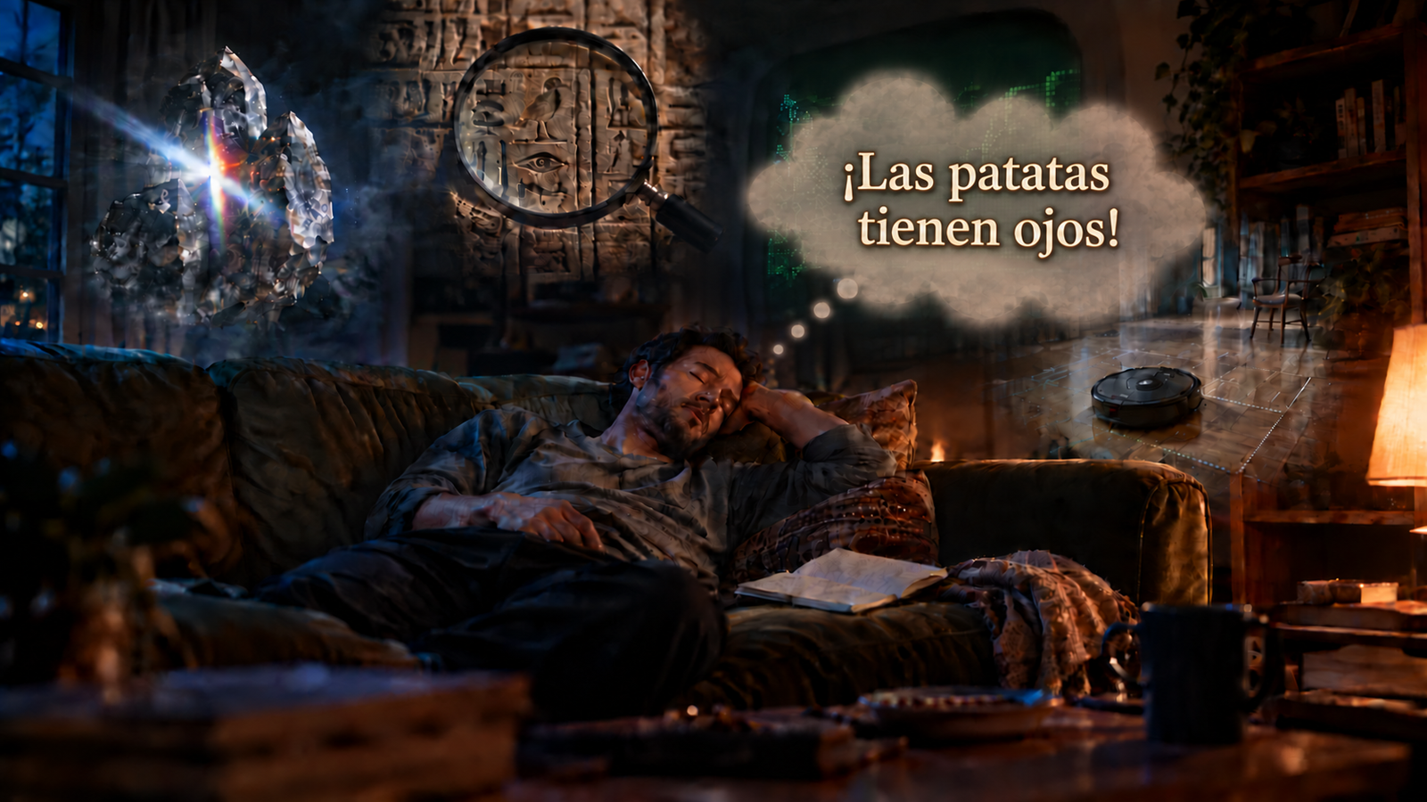 Hombre dormido en un sofá mientras sueña con sus aficiones raras, con un bocadillo translúcido que dice «¡Las patatas tienen ojos!»