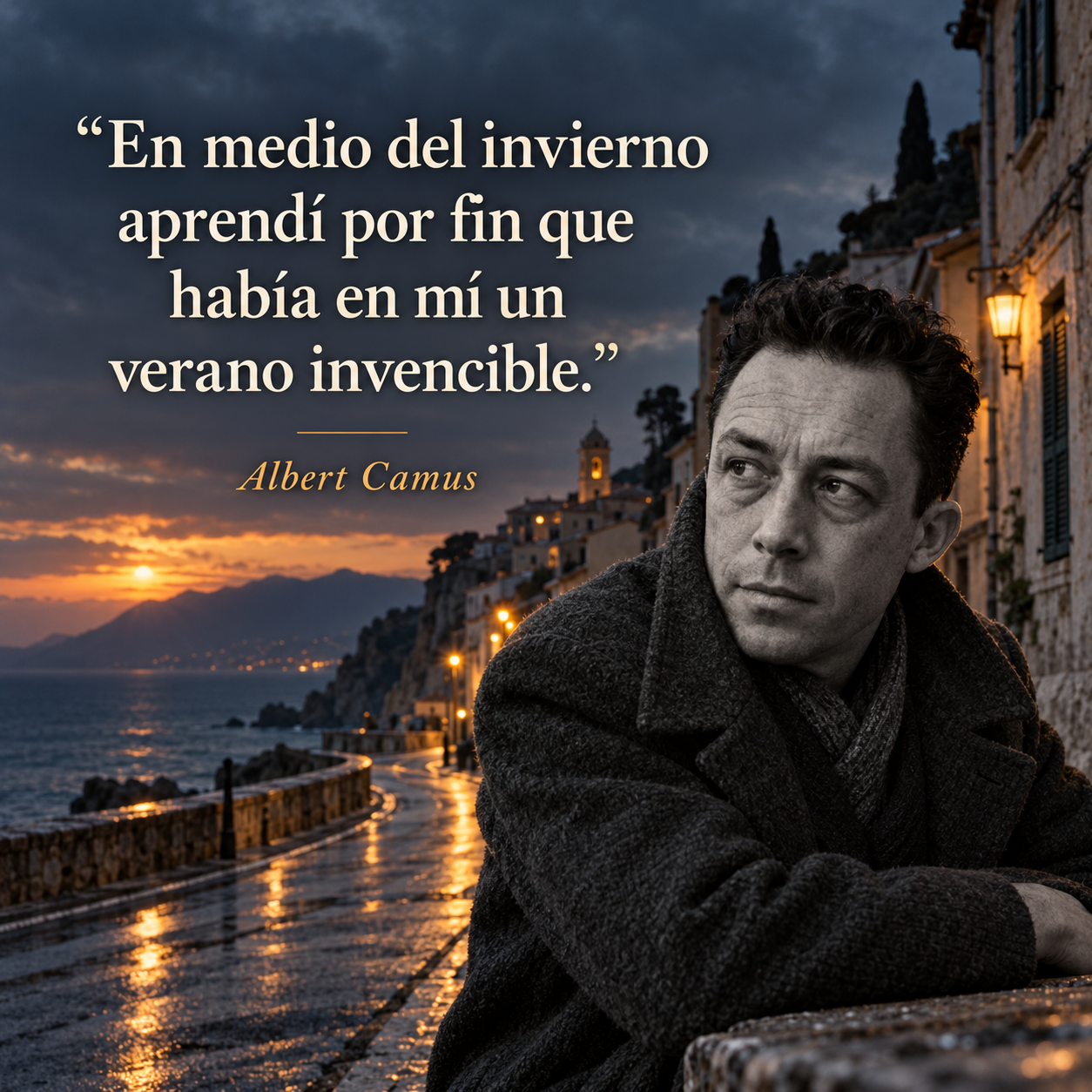 Tarjeta cuadrada con una cita de Albert Camus sobre un verano invencible, con el escritor en blanco y negro junto a una costa mediterránea al anochecer.