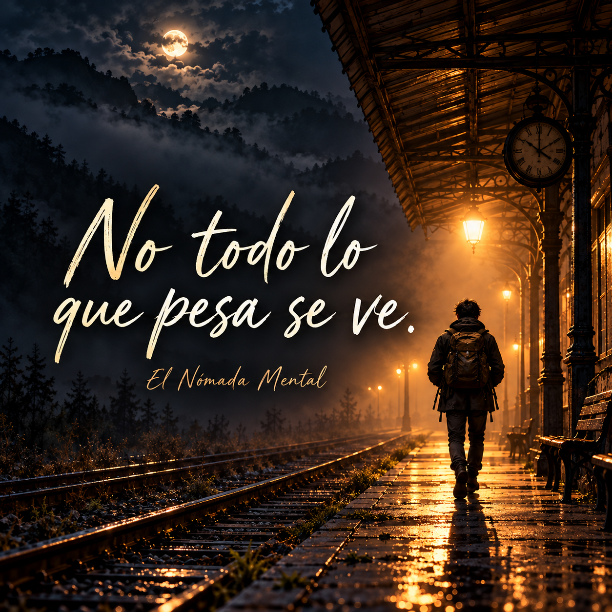 Imagen cuadrada con la frase «No todo lo que pesa se ve» y la firma de El Nómada Mental, en una estación nocturna.