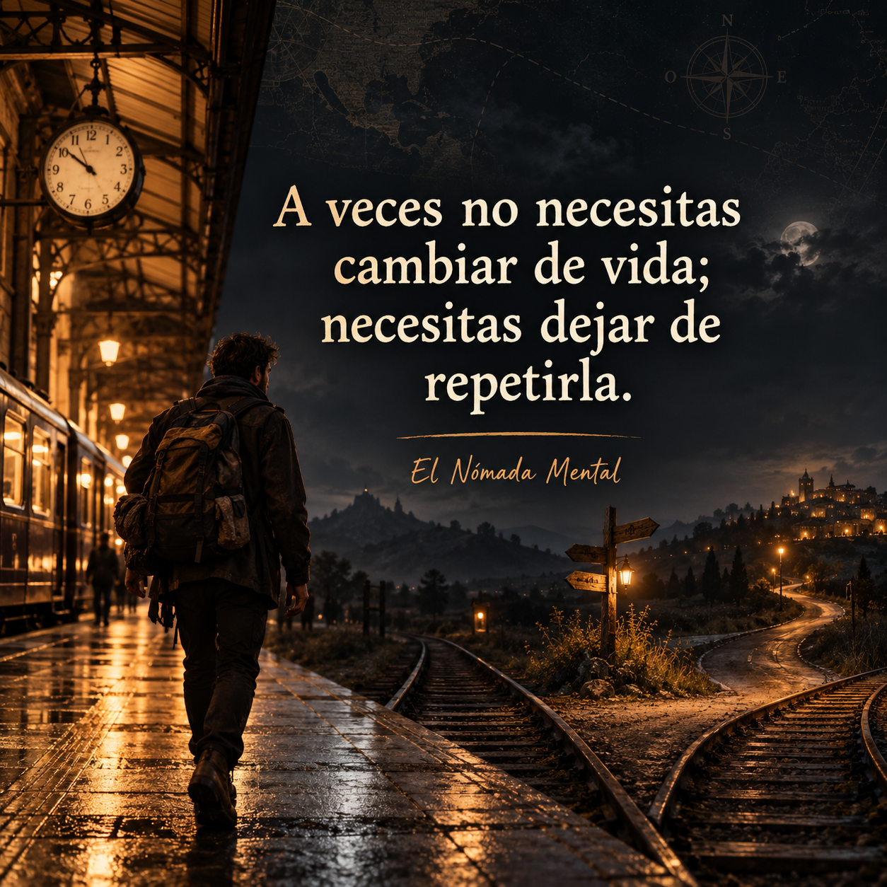 Tarjeta cuadrada con una frase original de El Nómada Mental sobre dejar de repetir la vida, con un viajero en una estación nocturna frente a varias vías.