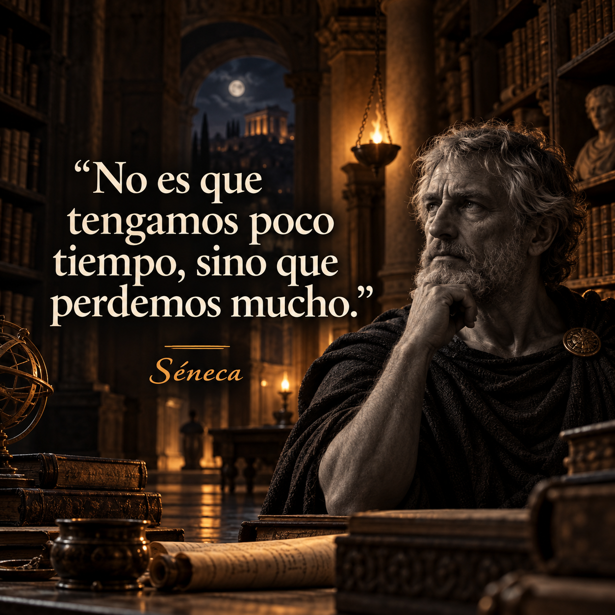 Tarjeta cuadrada con una cita de Séneca sobre el tiempo perdido, con el filósofo en blanco y negro dentro de una biblioteca romana iluminada en ámbar.