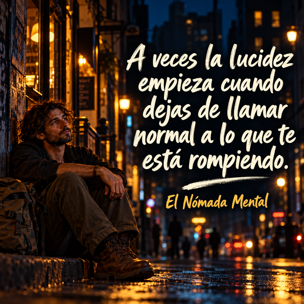 Frase original de El Nómada Mental sobre dejar de llamar normal a lo que te rompe, con un nómada sentado en una calle nocturna iluminada.