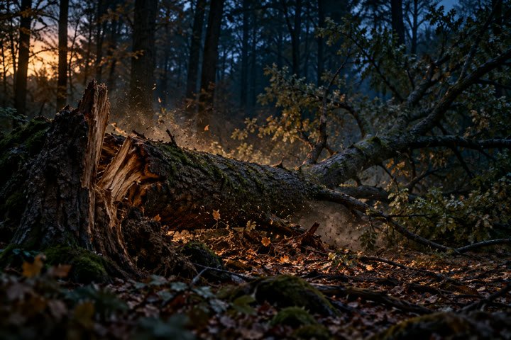 Árbol recién caído en un bosque oscuro, con hojas y polvo suspendidos