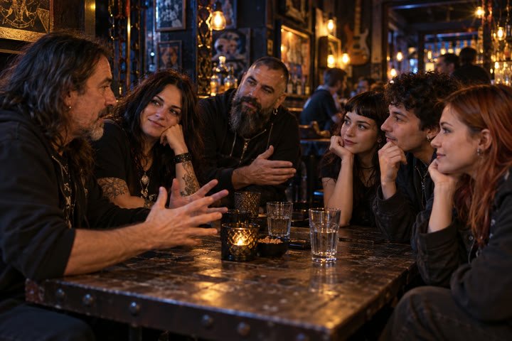 Grupo de adultos conversando con atención en un bar heavy de luz cálida
