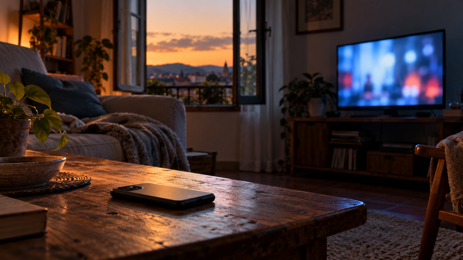 Móvil boca abajo frente a un televisor encendido en una habitación tranquila