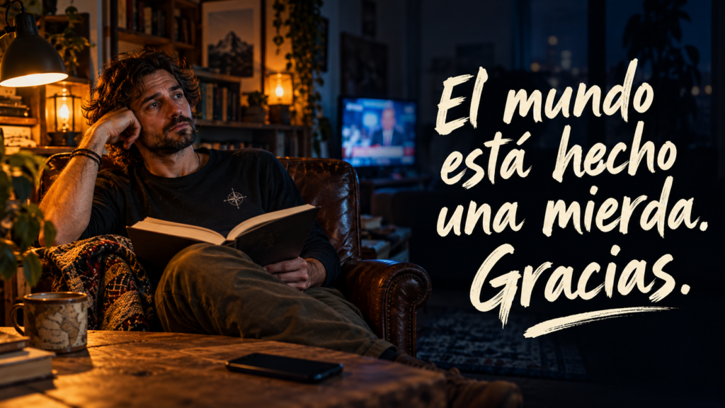 El Nómada sentado con un libro mientras un televisor emite noticias al fondo, con el título El mundo está hecho una mierda. Gracias.