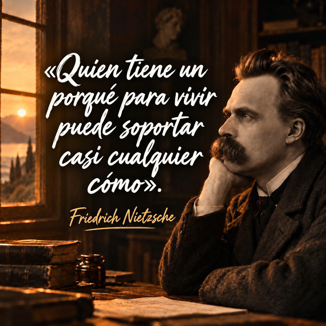 Imagen cuadrada con la cita «Quien tiene un porqué para vivir puede soportar casi cualquier cómo» atribuida a Friedrich Nietzsche, con el retrato del filósofo en una biblioteca cálida.