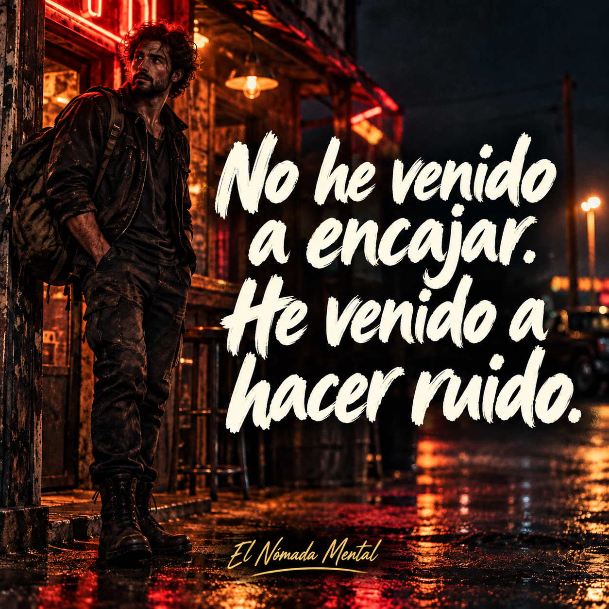 El Nómada Mental ante un local nocturno, con la frase No he venido a encajar. He venido a hacer ruido.