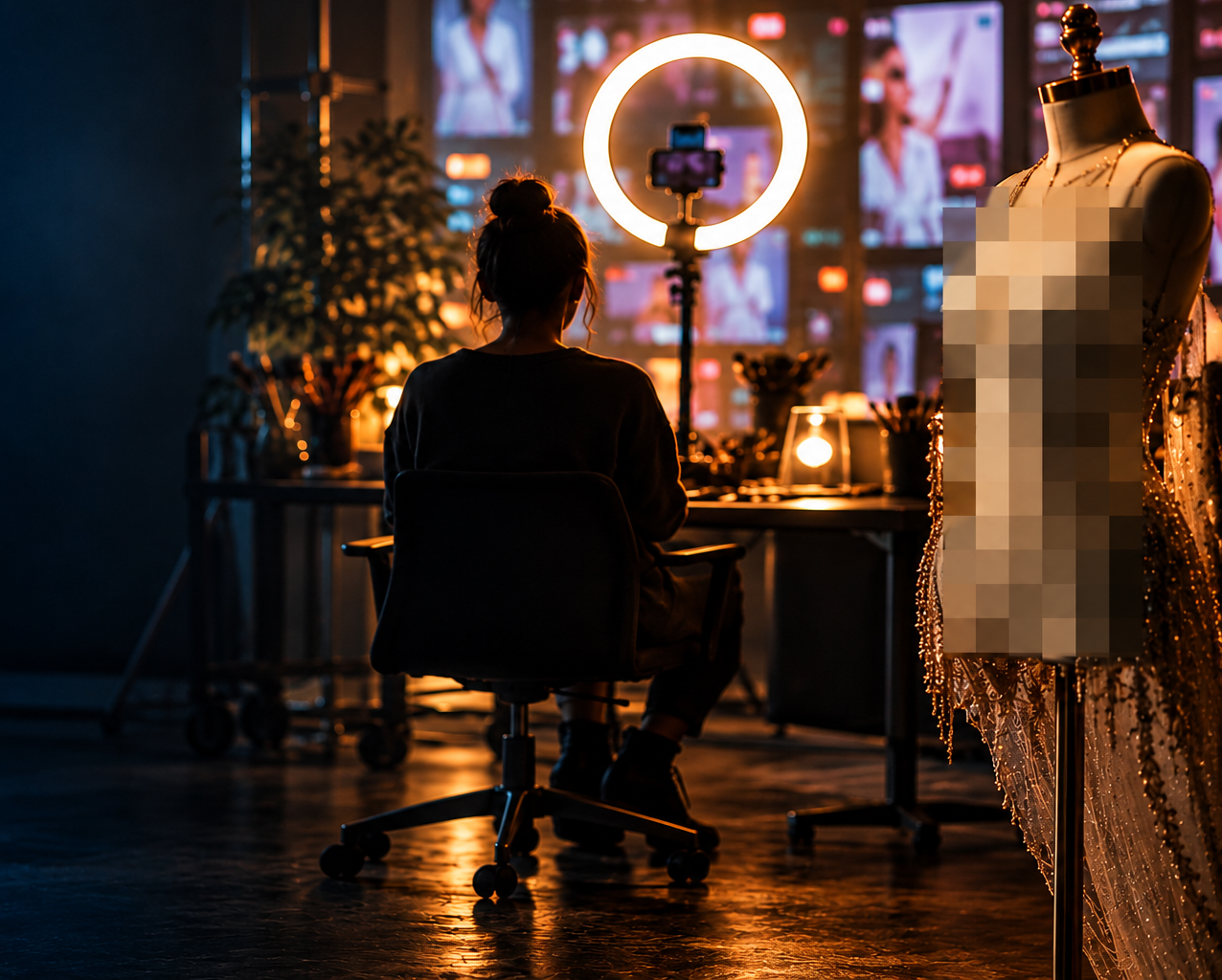 Estudio de streaming con una silueta adulta, un aro de luz y un maniquí cubierto por un mosaico de censura.