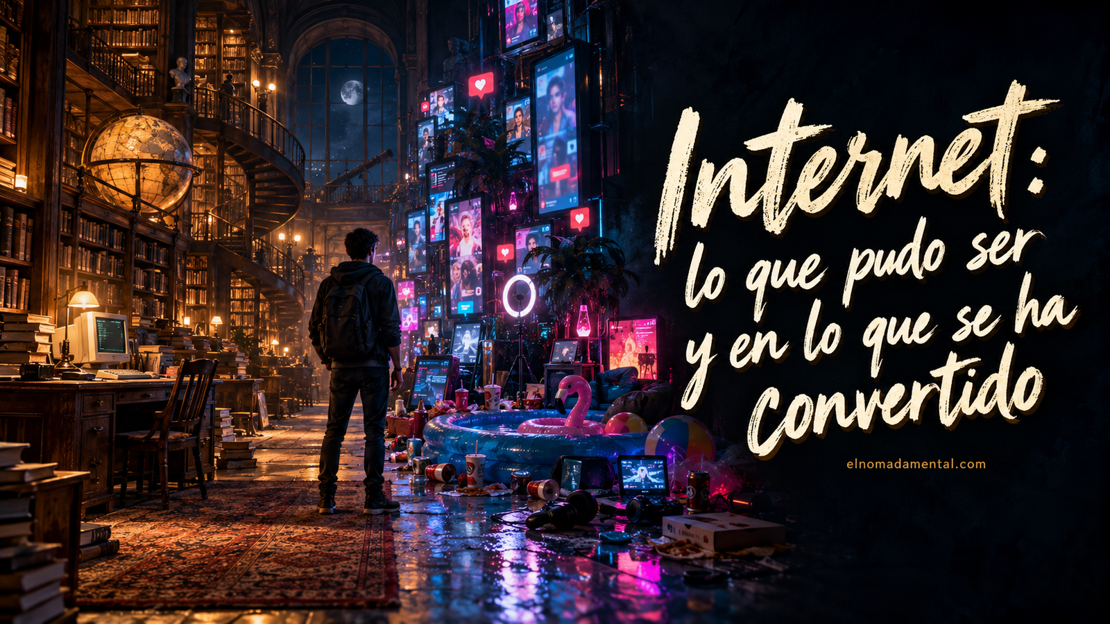 Portada cinematográfica de Internet: una figura entre una biblioteca iluminada y una piscina de plástico rodeada de pantallas y notificaciones.