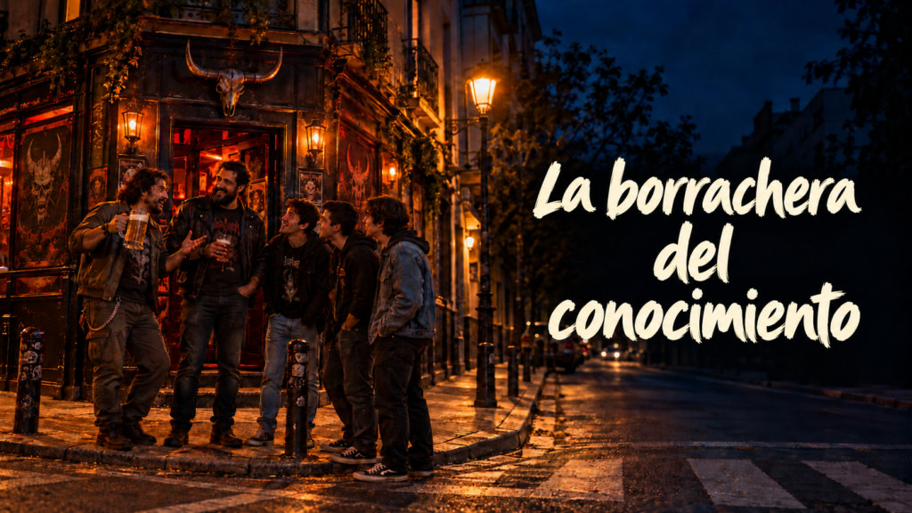 Cinco hombres conversan ante un bar de esquina de noche; dos sostienen cervezas y la imagen dice «La borrachera del conocimiento».