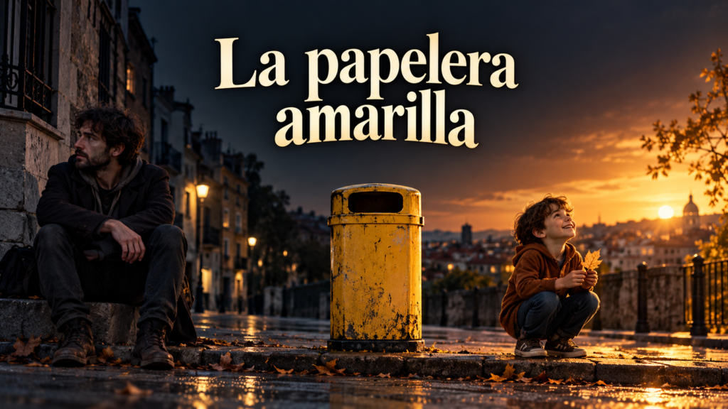 Un Nómada adulto oscuro y un niño iluminado junto a una papelera amarilla al atardecer.