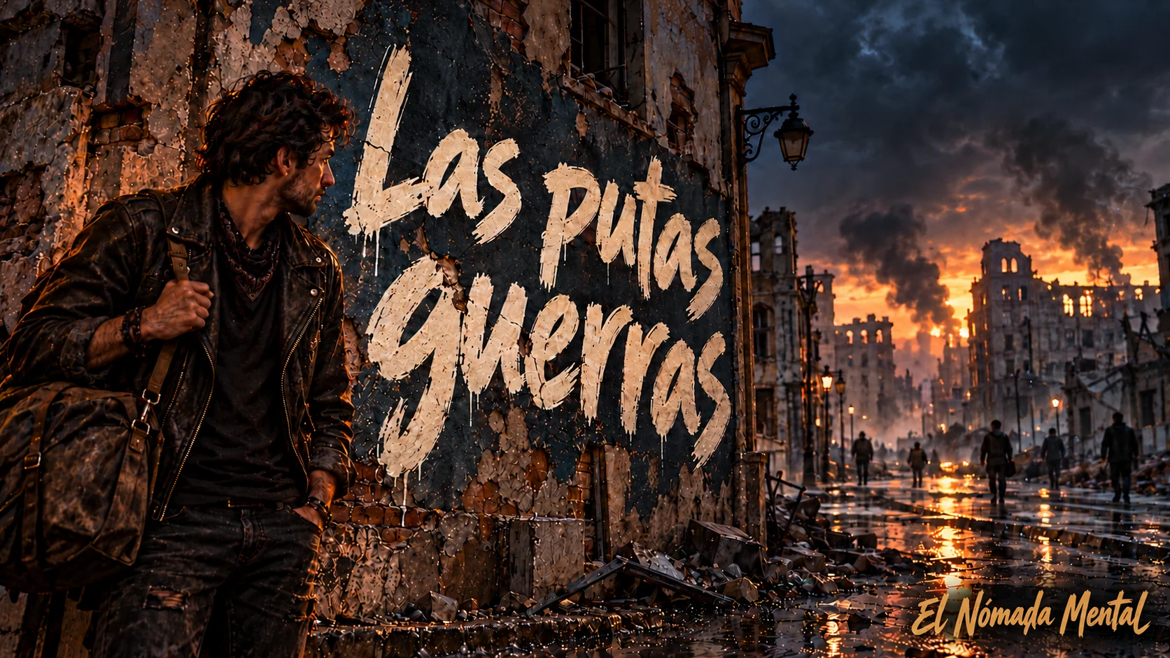 El Nómada contempla una ciudad devastada junto a un muro con el título Las putas guerras.