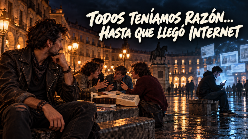 El Nómada Mental con chaqueta de cuero observa a una cuadrilla que debate entre libros en una plaza, mientras una figura consulta el móvil al fondo.