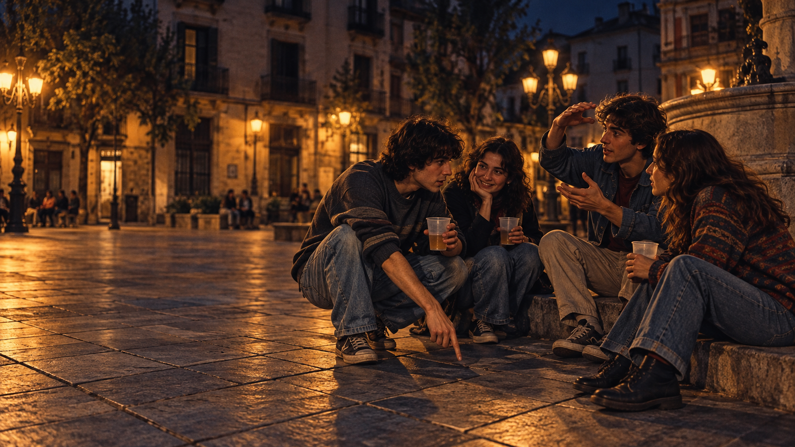 Una cuadrilla discutiendo sobre física en una plaza